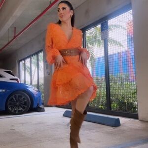 Vibrant Orange Lace Dress with Belt